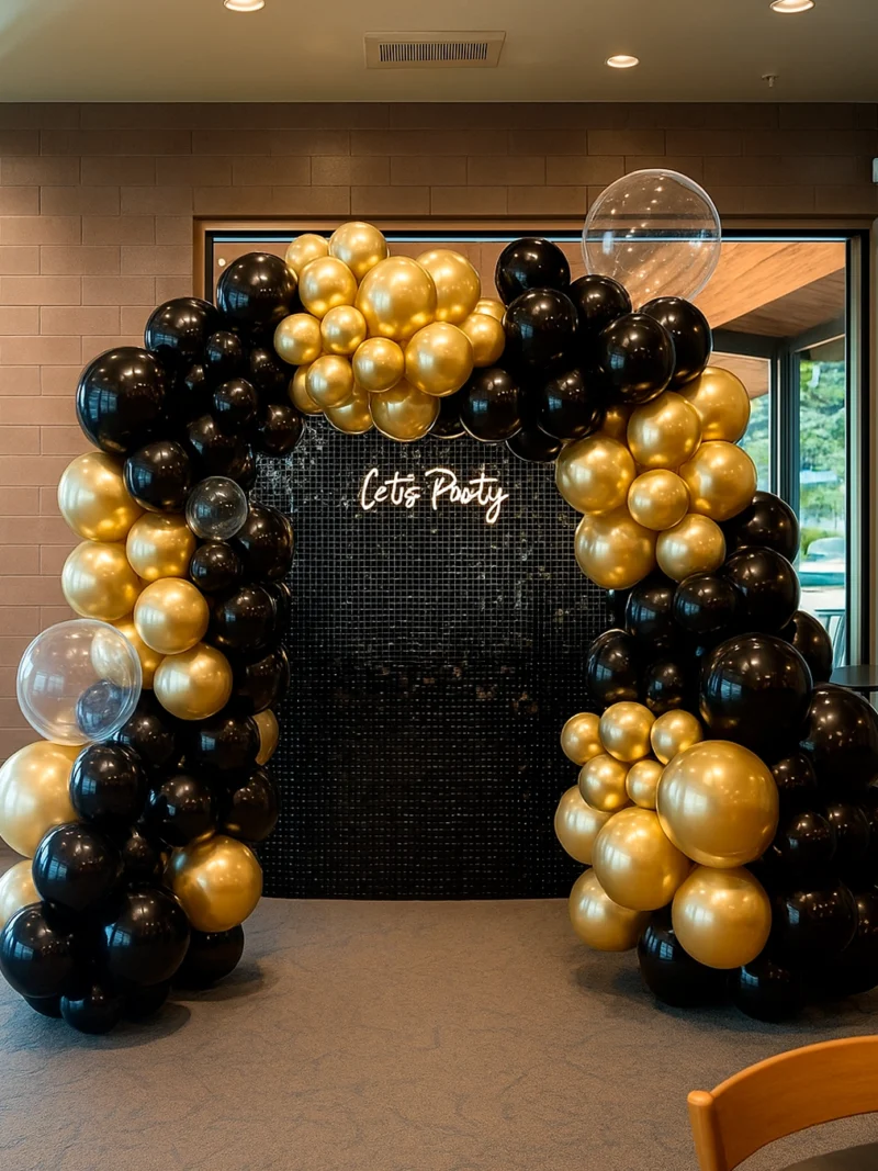 Balloon Garland with Shimmer Wall and Neon Sign