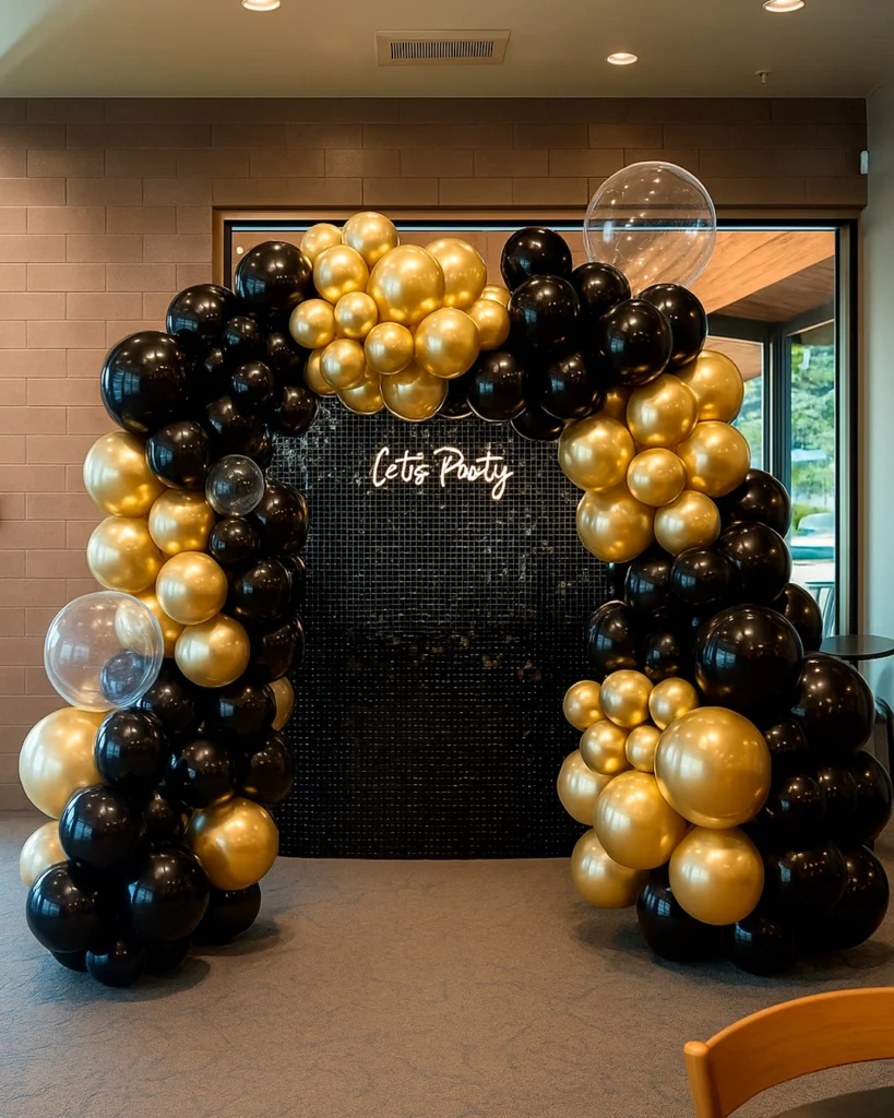 Balloon Garland with Shimmer Wall and Neon Sign